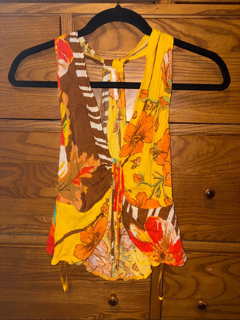Women’s Floral Tie-Front Sleeveless Top - Yellow Brown